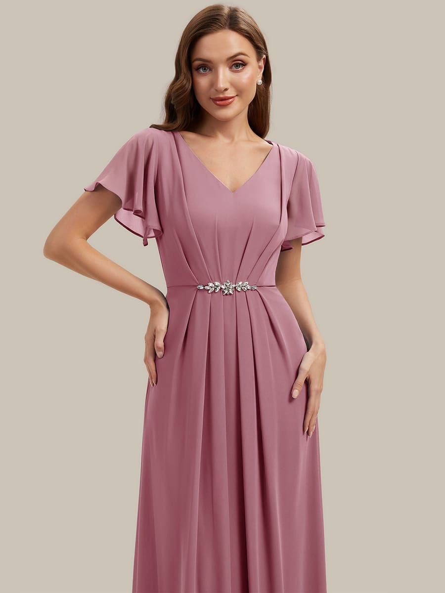Rhinestone Embellished Chiffon Ruffle Sleeve Dress