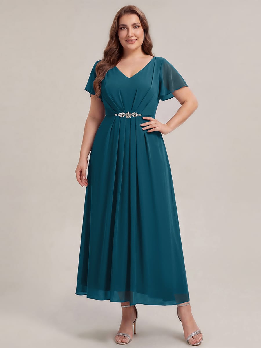 Rhinestone Embellished Chiffon Ruffle Sleeve Dress