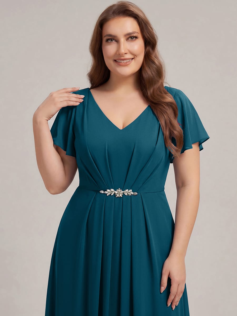 Rhinestone Embellished Chiffon Ruffle Sleeve Dress