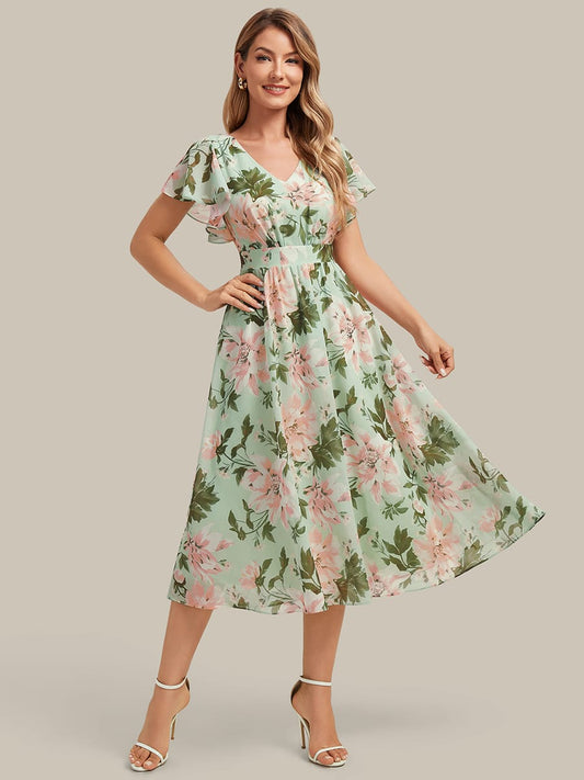 Floral Print Chiffon Ruffle Sleeve A-line Dress
