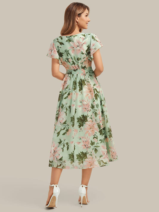 Floral Print Chiffon Ruffle Sleeve A-line Dress