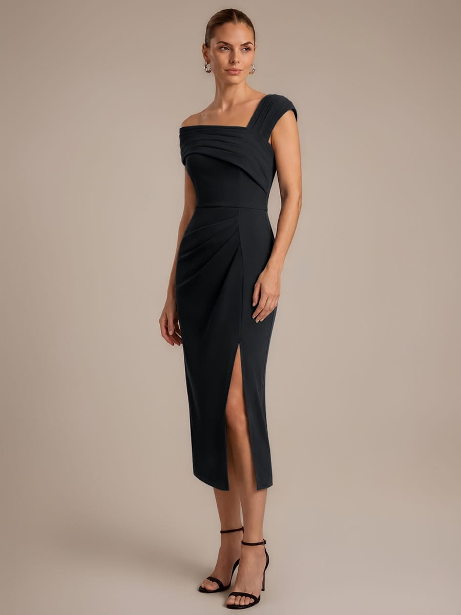 Draped Detail Fitted Crepe Midi Dress