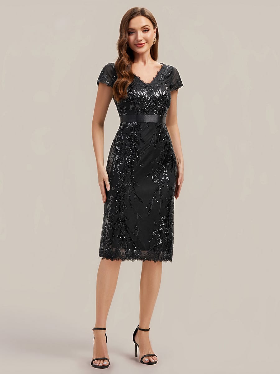 Deep V-Neck Sequin Cap Sleeve Dress