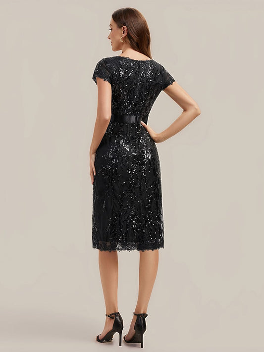 Deep V-Neck Sequin Cap Sleeve Dress