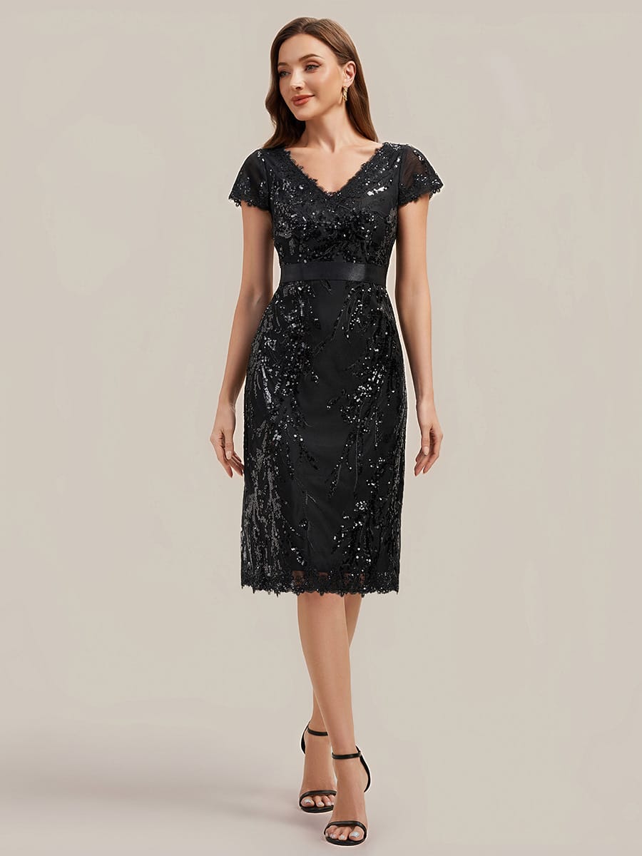 Deep V-Neck Sequin Cap Sleeve Dress