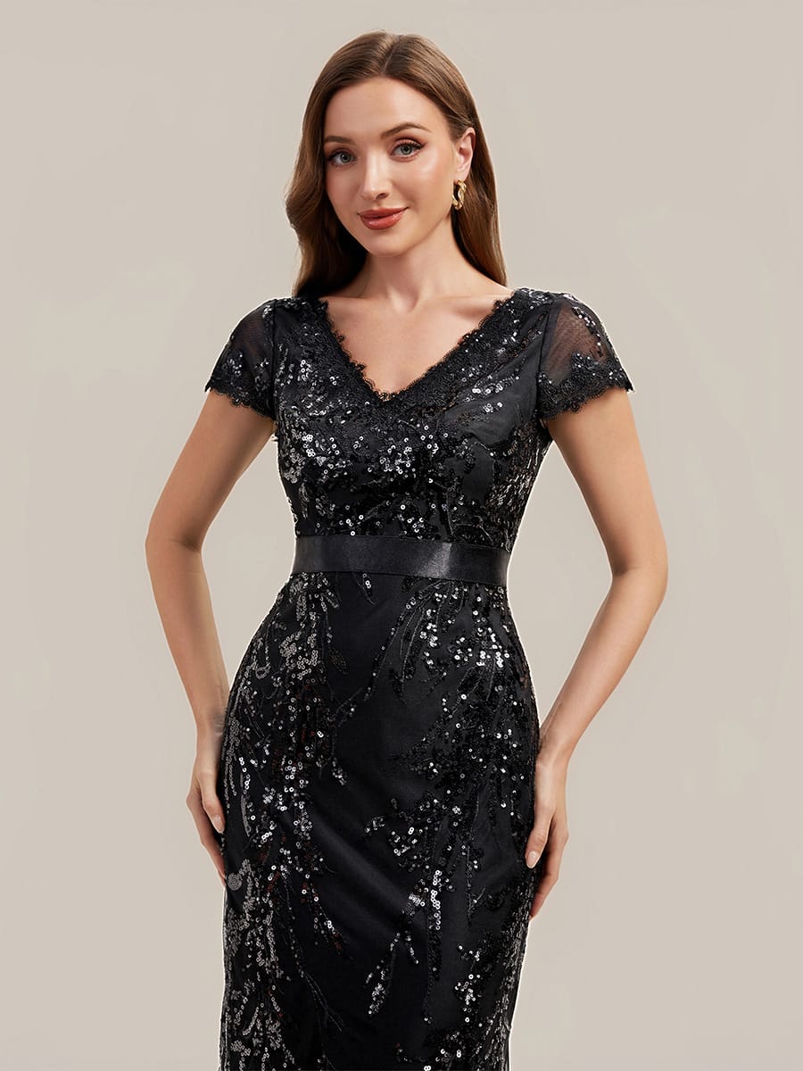 Deep V-Neck Sequin Cap Sleeve Dress