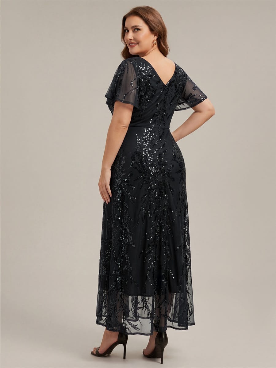 Sequin Ruffle Flutter Sleeve High Low Dress
