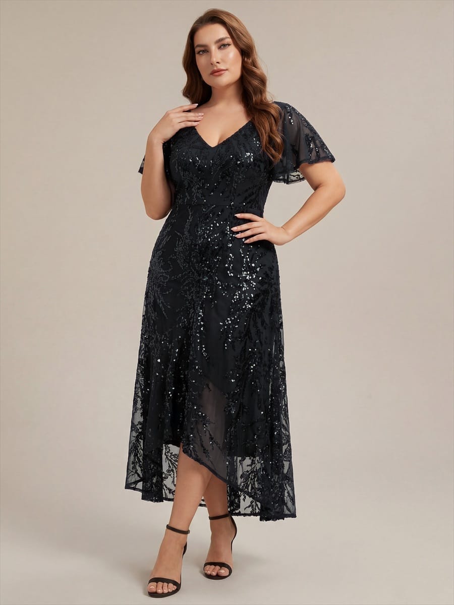 Sequin Ruffle Flutter Sleeve High Low Dress