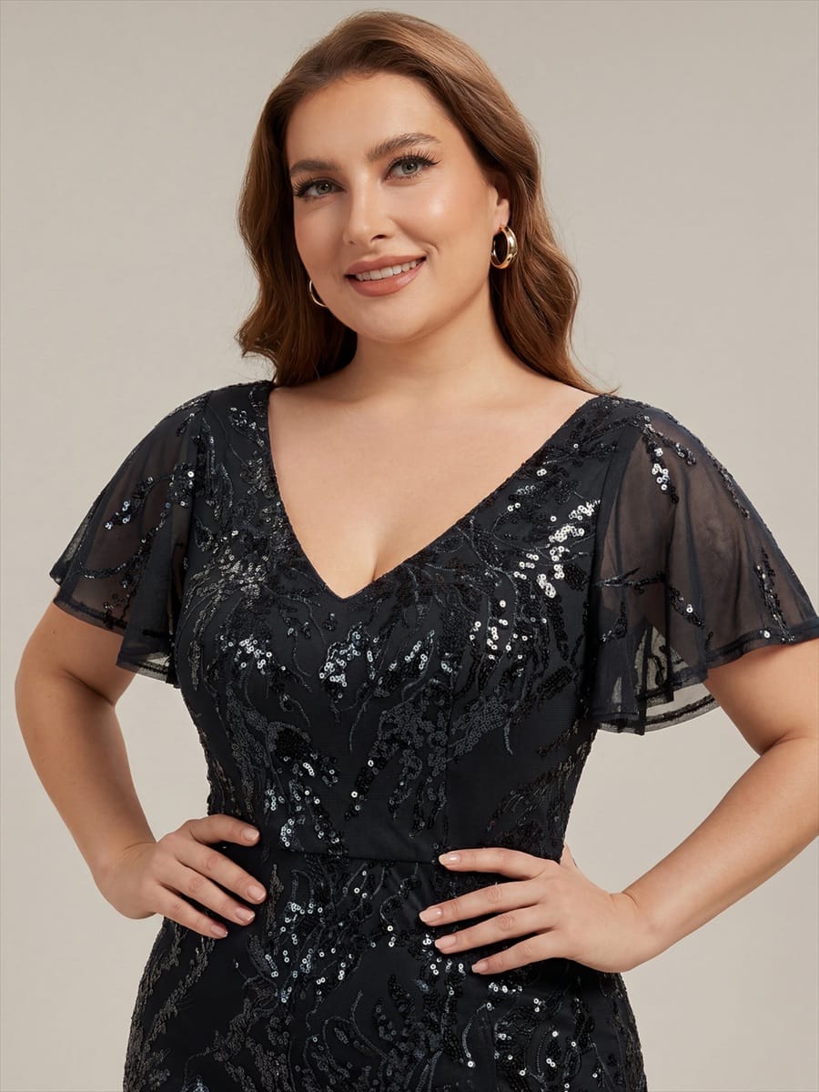 Sequin Ruffle Flutter Sleeve High Low Dress