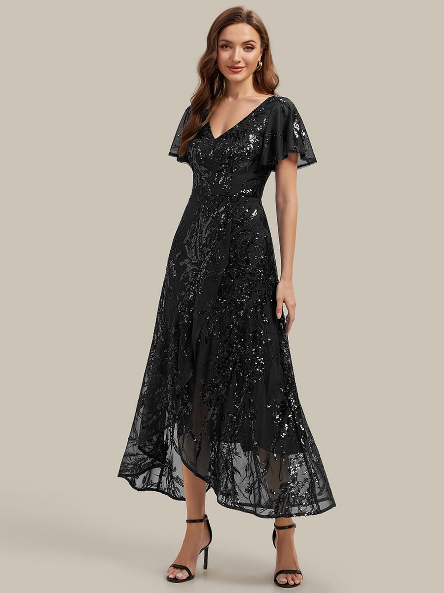 Sequin Ruffle Flutter Sleeve High Low Dress