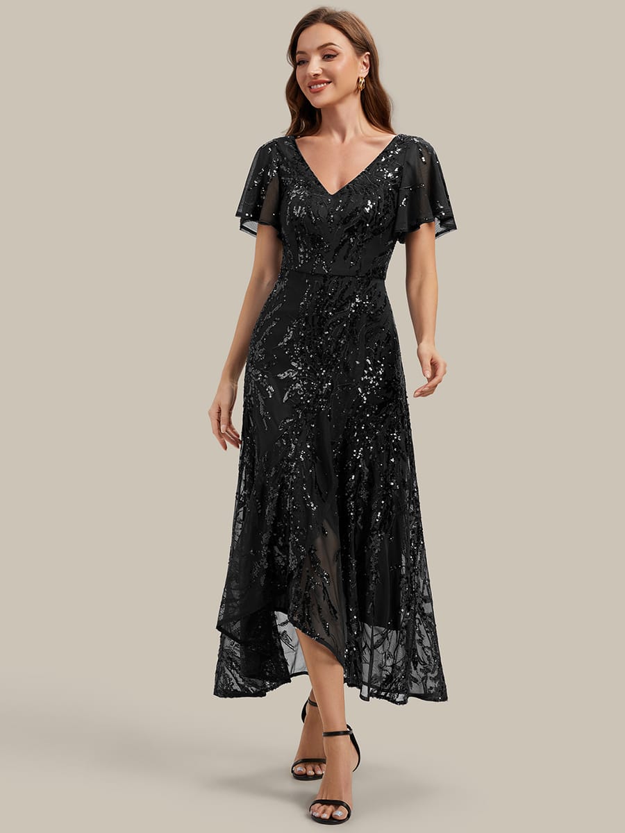 Sequin Ruffle Flutter Sleeve High Low Dress