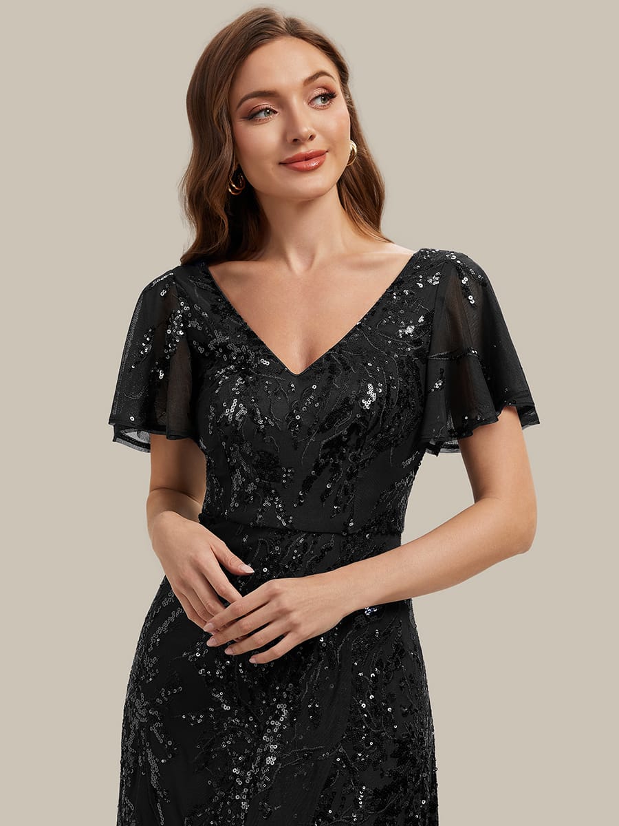 Sequin Ruffle Flutter Sleeve High Low Dress