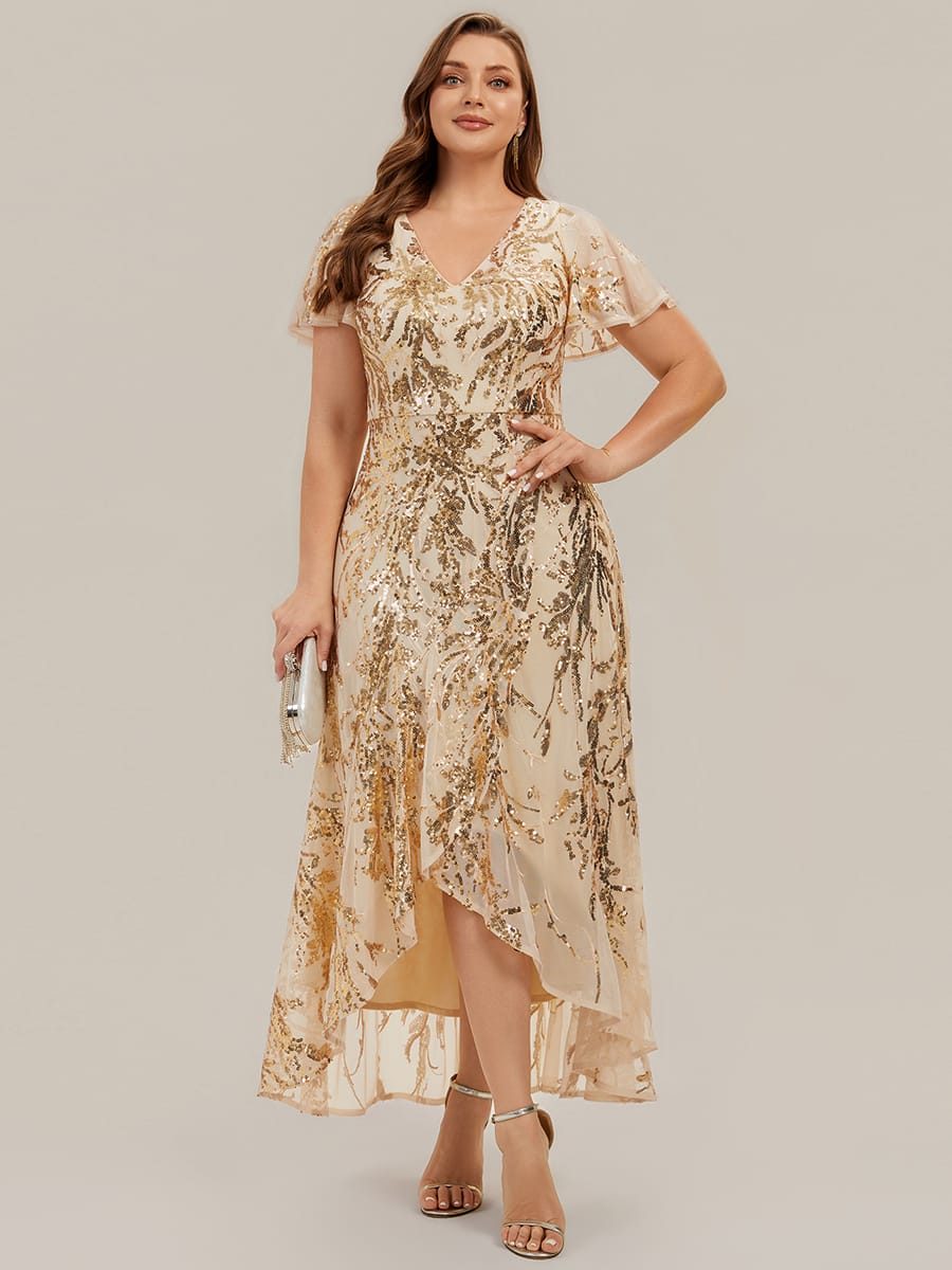 Sequin Ruffle Flutter Sleeve High Low Dress