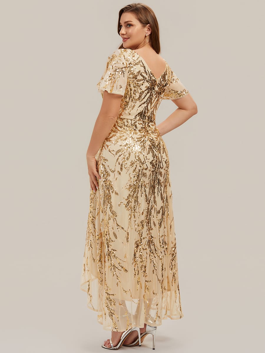 Sequin Ruffle Flutter Sleeve High Low Dress