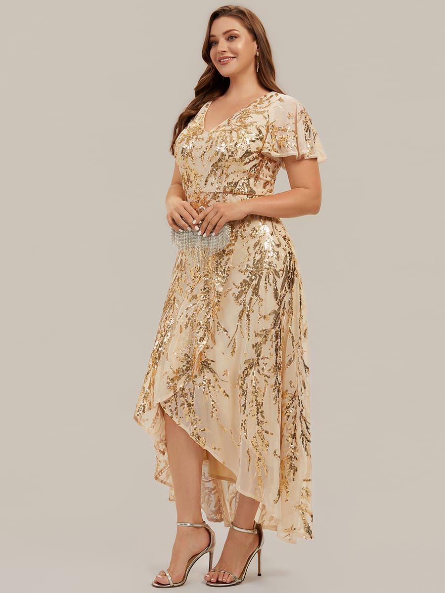 Sequin Ruffle Flutter Sleeve High Low Dress