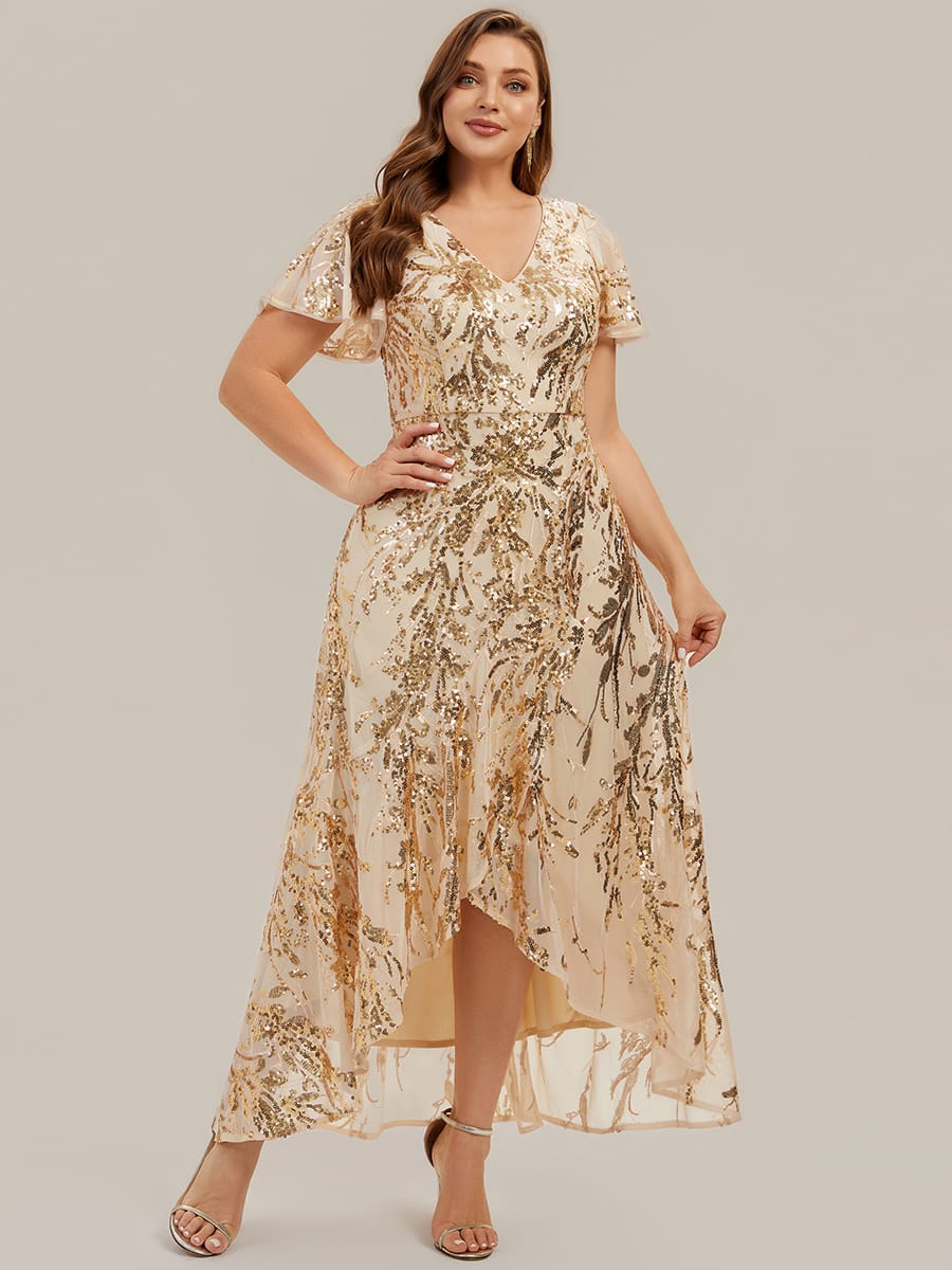 Sequin Ruffle Flutter Sleeve High Low Dress