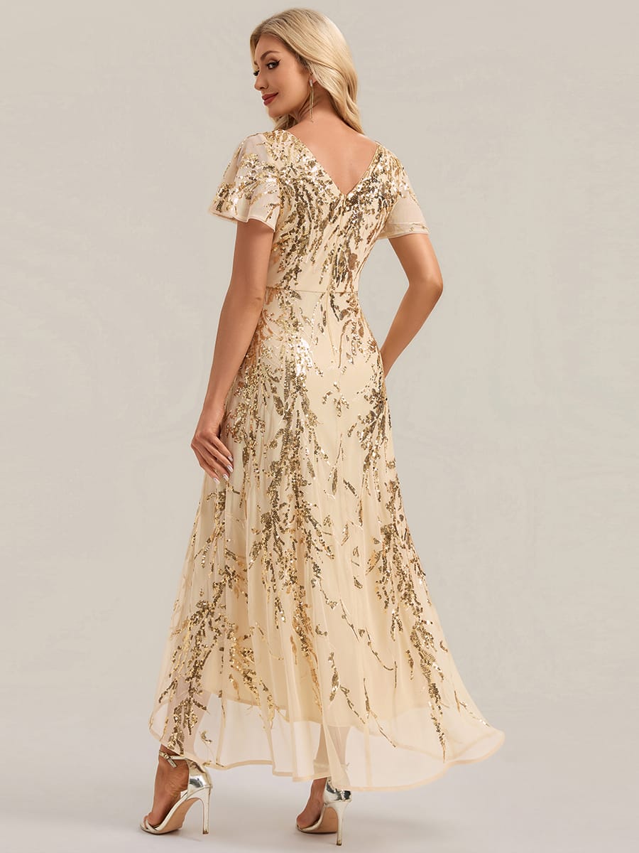 Sequin Ruffle Flutter Sleeve High Low Dress