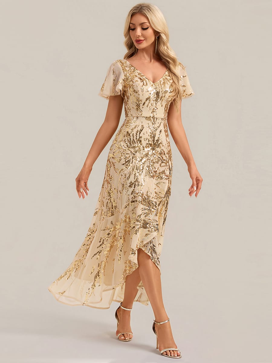 Sequin Ruffle Flutter Sleeve High Low Dress