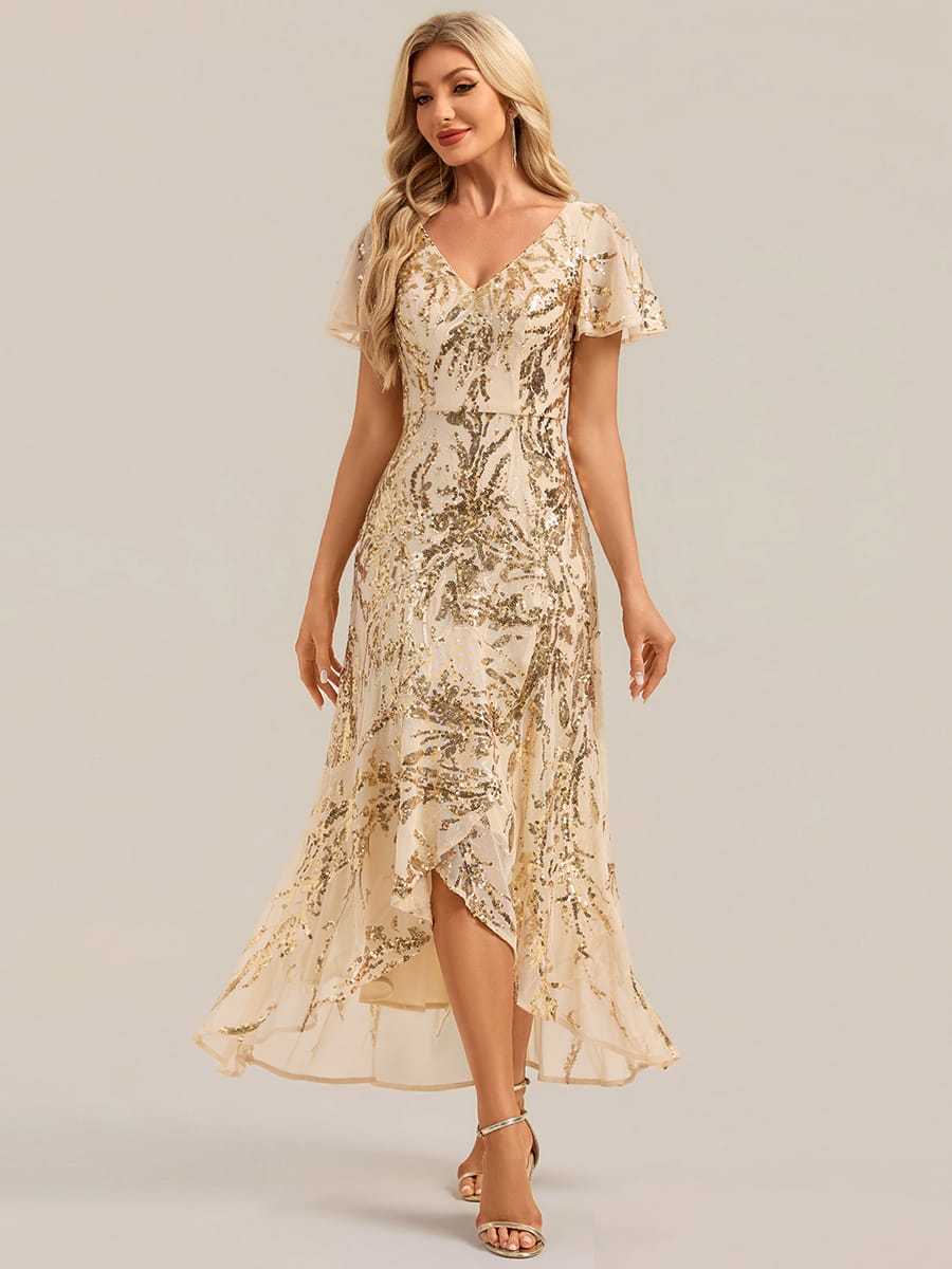 Sequin Ruffle Flutter Sleeve High Low Dress
