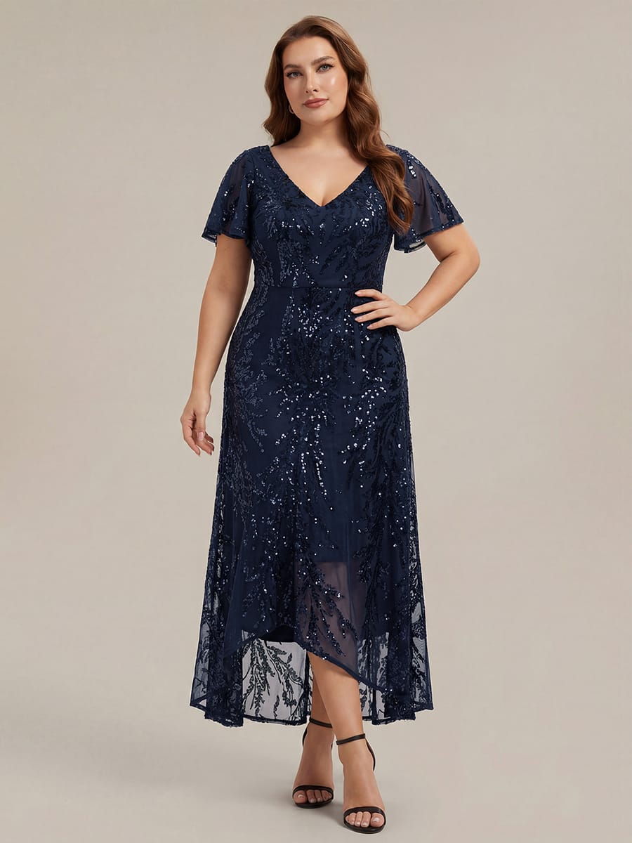 Sequin Ruffle Flutter Sleeve High Low Dress