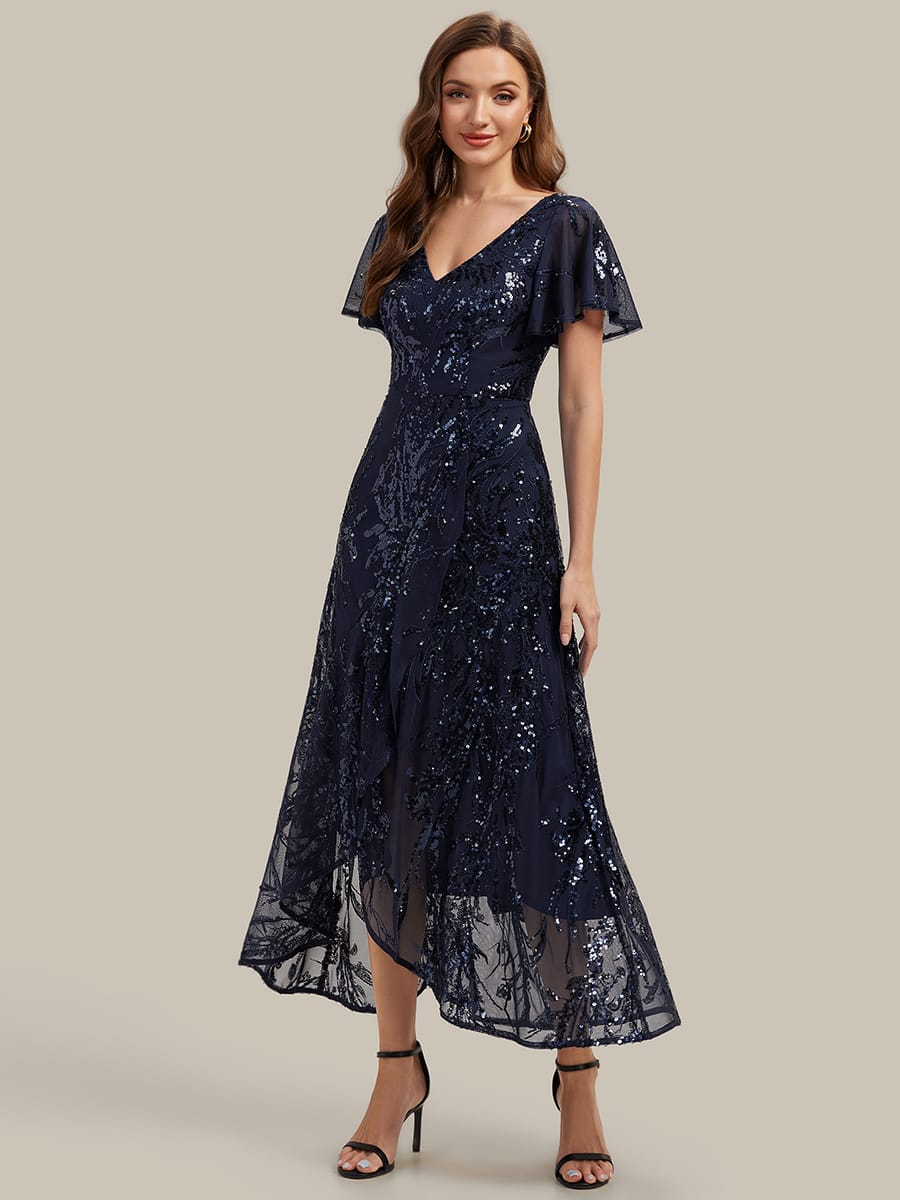 Sequin Ruffle Flutter Sleeve High Low Dress