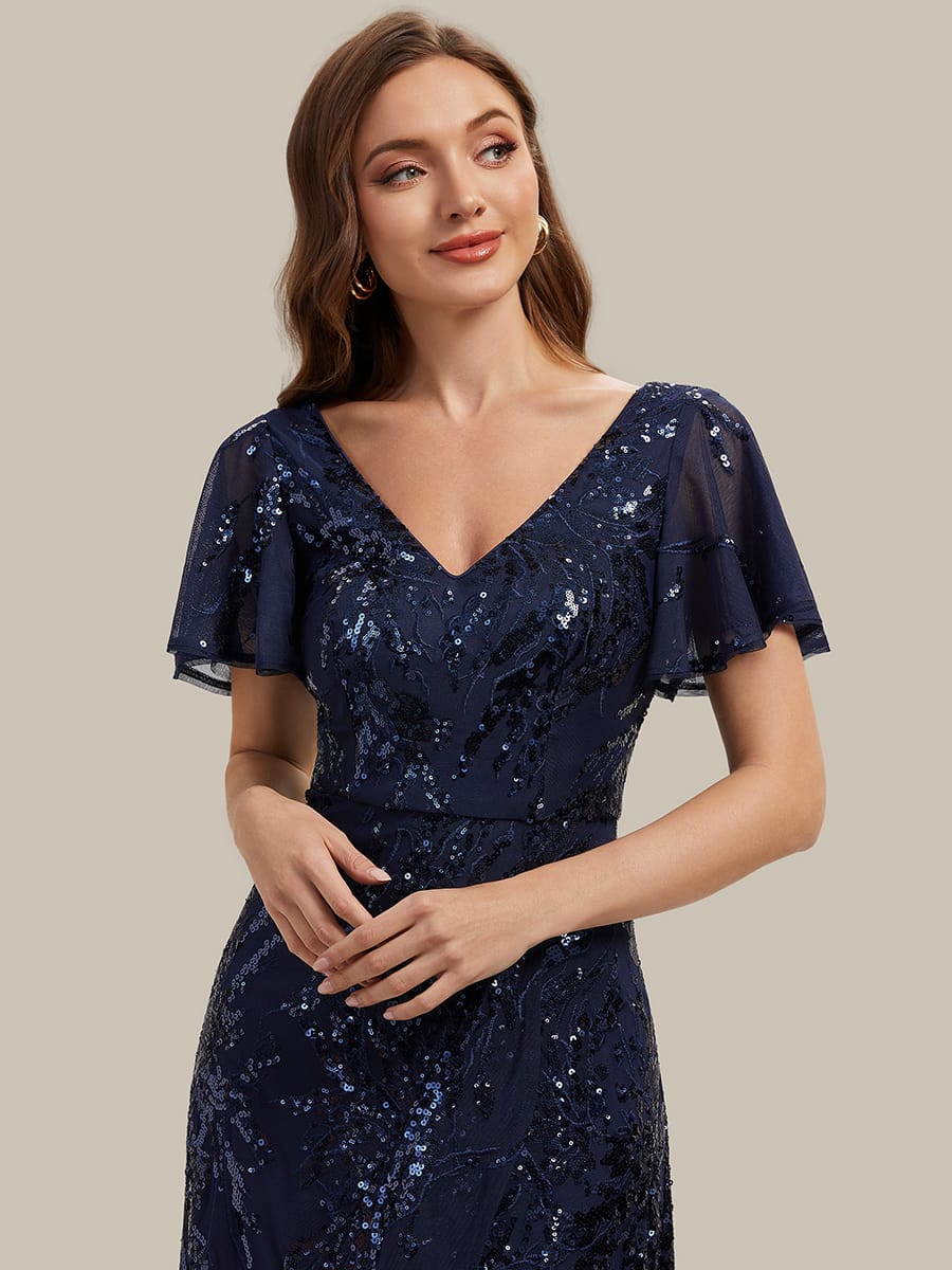Sequin Ruffle Flutter Sleeve High Low Dress