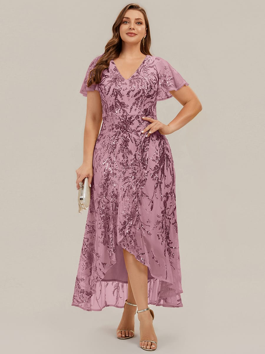 Sequin Ruffle Flutter Sleeve High Low Dress