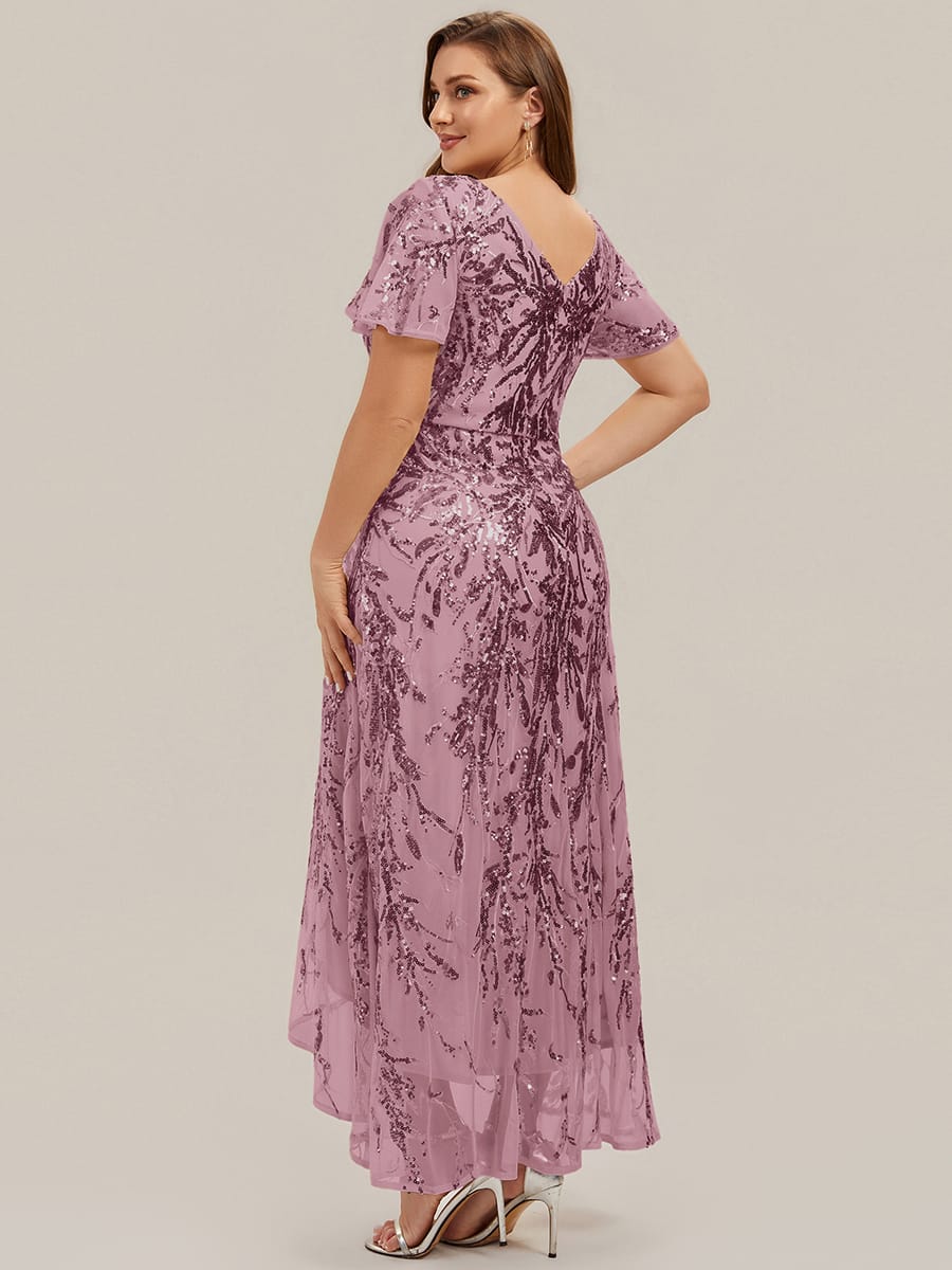 Sequin Ruffle Flutter Sleeve High Low Dress