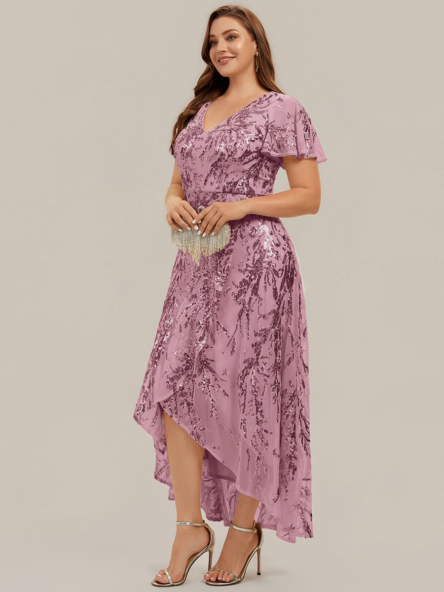 Sequin Ruffle Flutter Sleeve High Low Dress