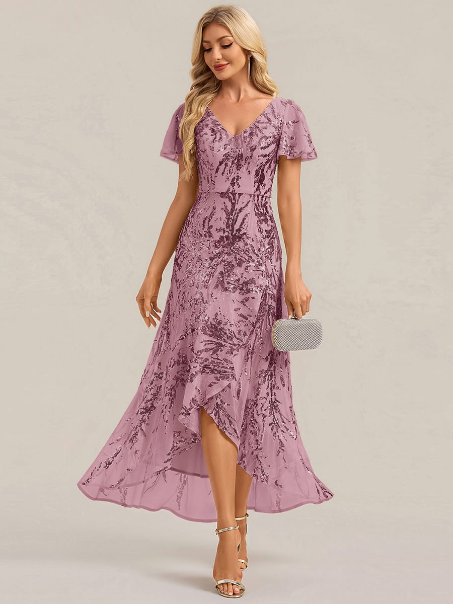 Sequin Ruffle Flutter Sleeve High Low Dress