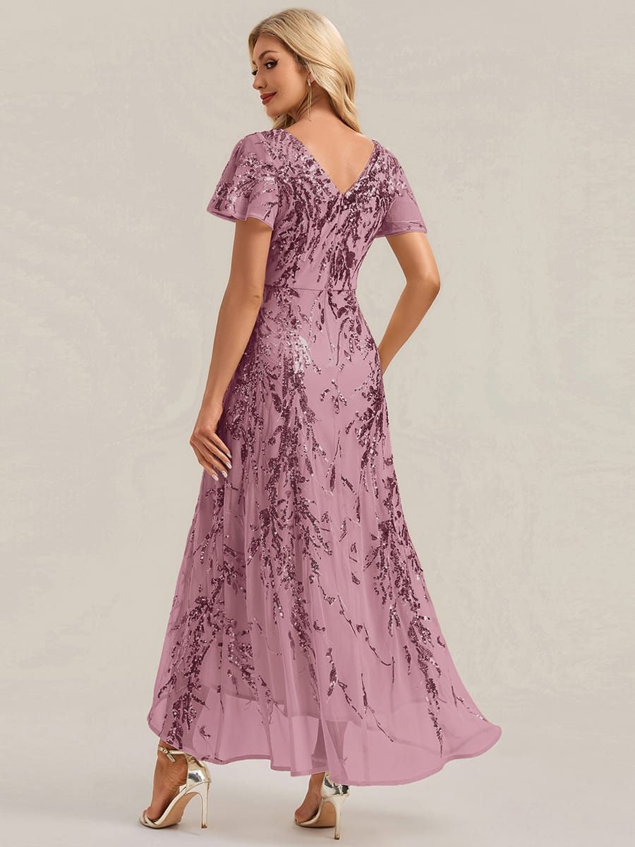 Sequin Ruffle Flutter Sleeve High Low Dress