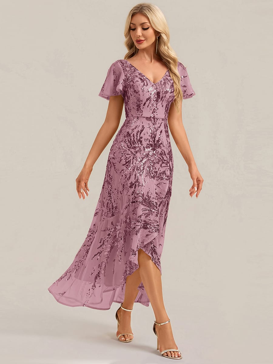 Sequin Ruffle Flutter Sleeve High Low Dress