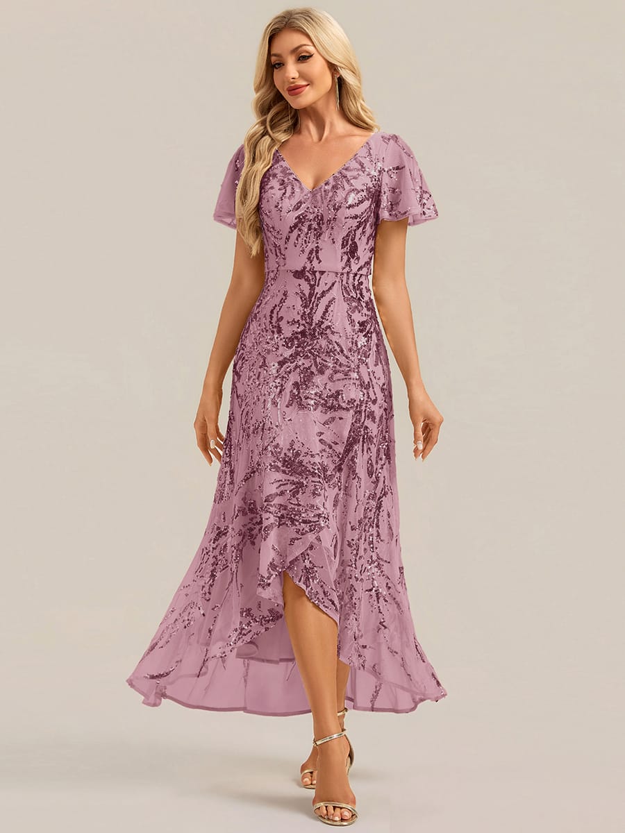 Sequin Ruffle Flutter Sleeve High Low Dress