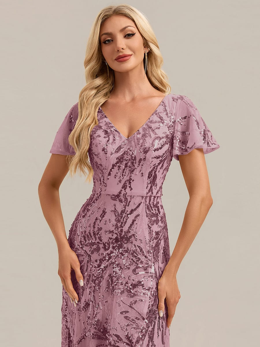 Sequin Ruffle Flutter Sleeve High Low Dress