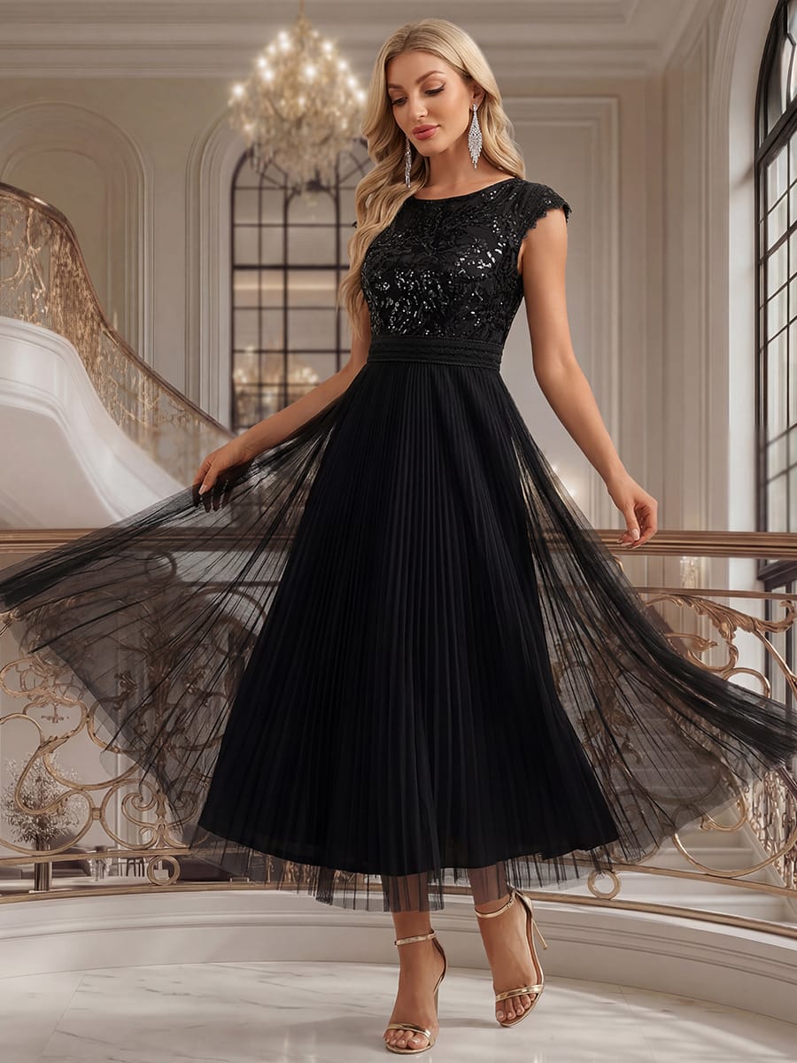 See-through Sequin Cap Sleeve Dress