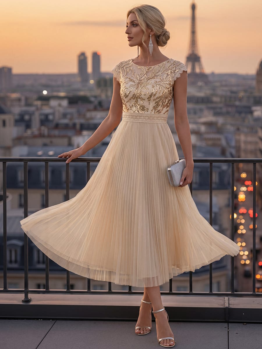 See-through Sequin Cap Sleeve Dress