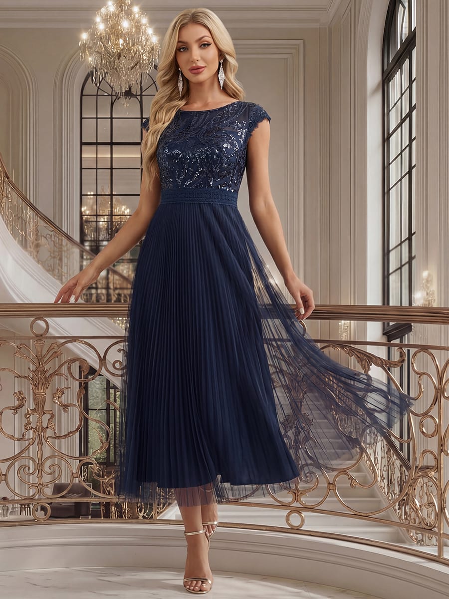 See-through Sequin Cap Sleeve Dress
