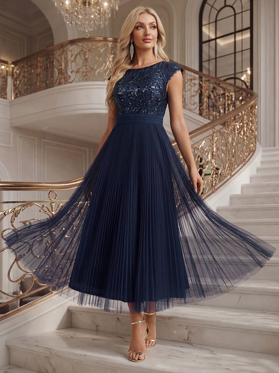 See-through Sequin Cap Sleeve Dress
