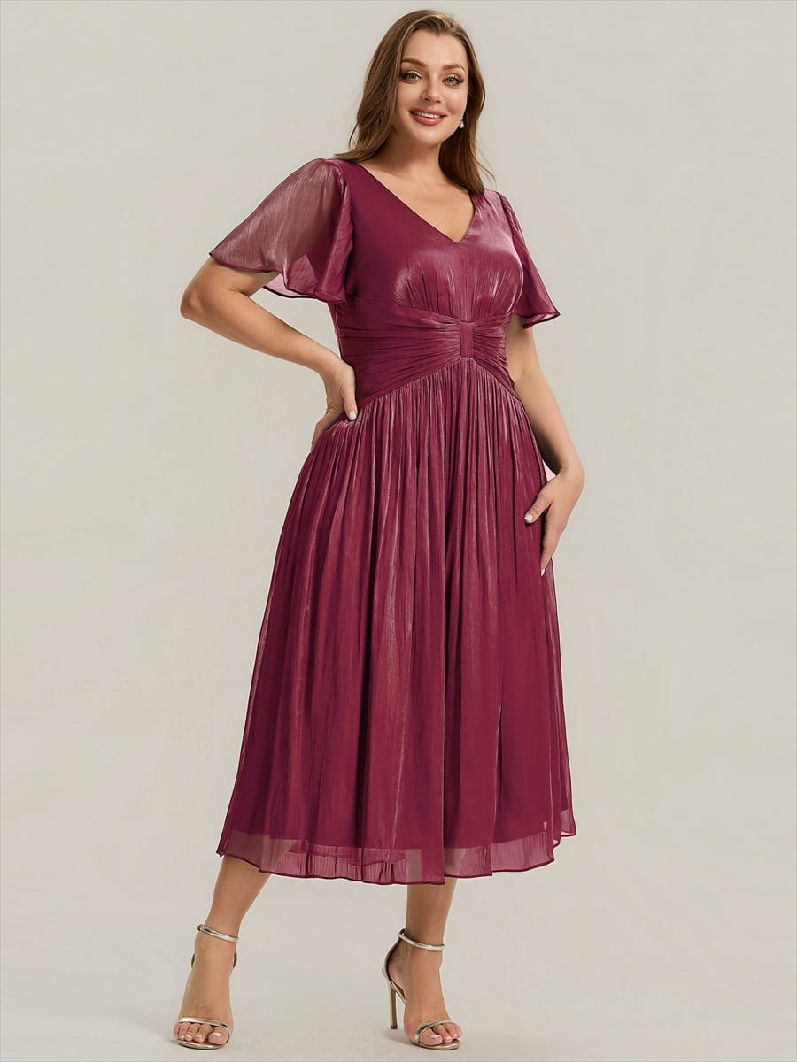 Gathered Sea-island Filament Fabircs Ruffle Sleeve Dress
