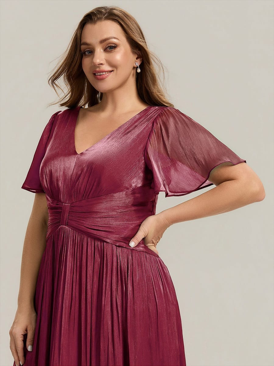 Gathered Sea-island Filament Fabircs Ruffle Sleeve Dress