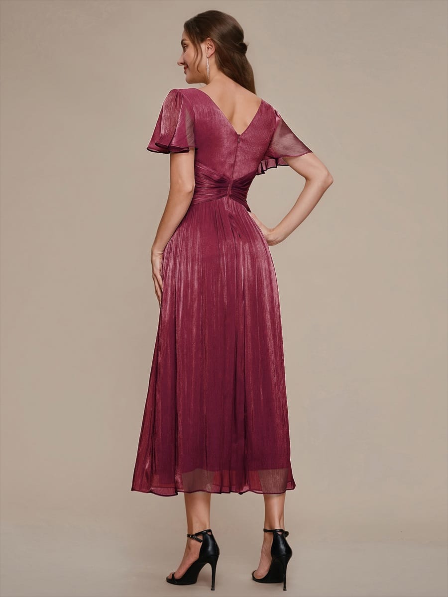 Gathered Sea-island Filament Fabircs Ruffle Sleeve Dress