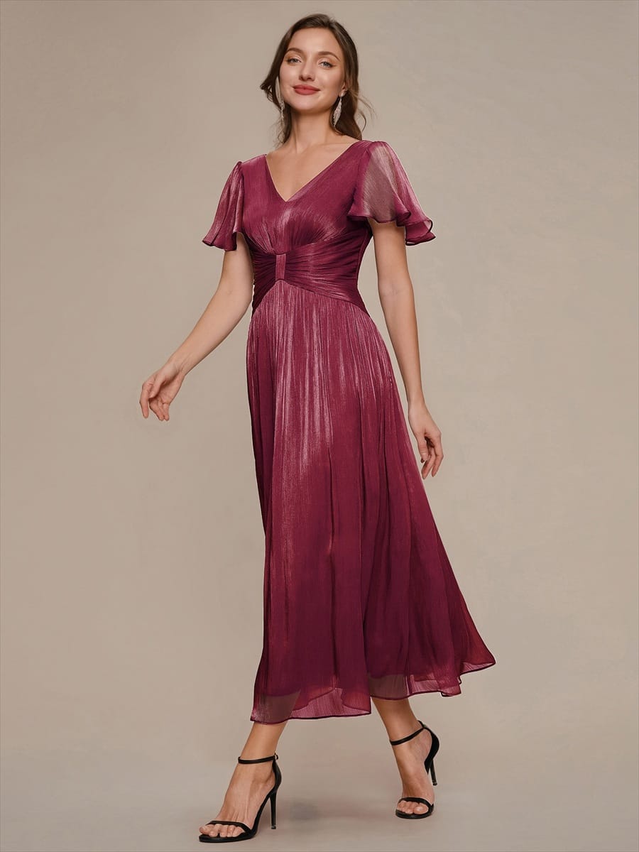Gathered Sea-island Filament Fabircs Ruffle Sleeve Dress