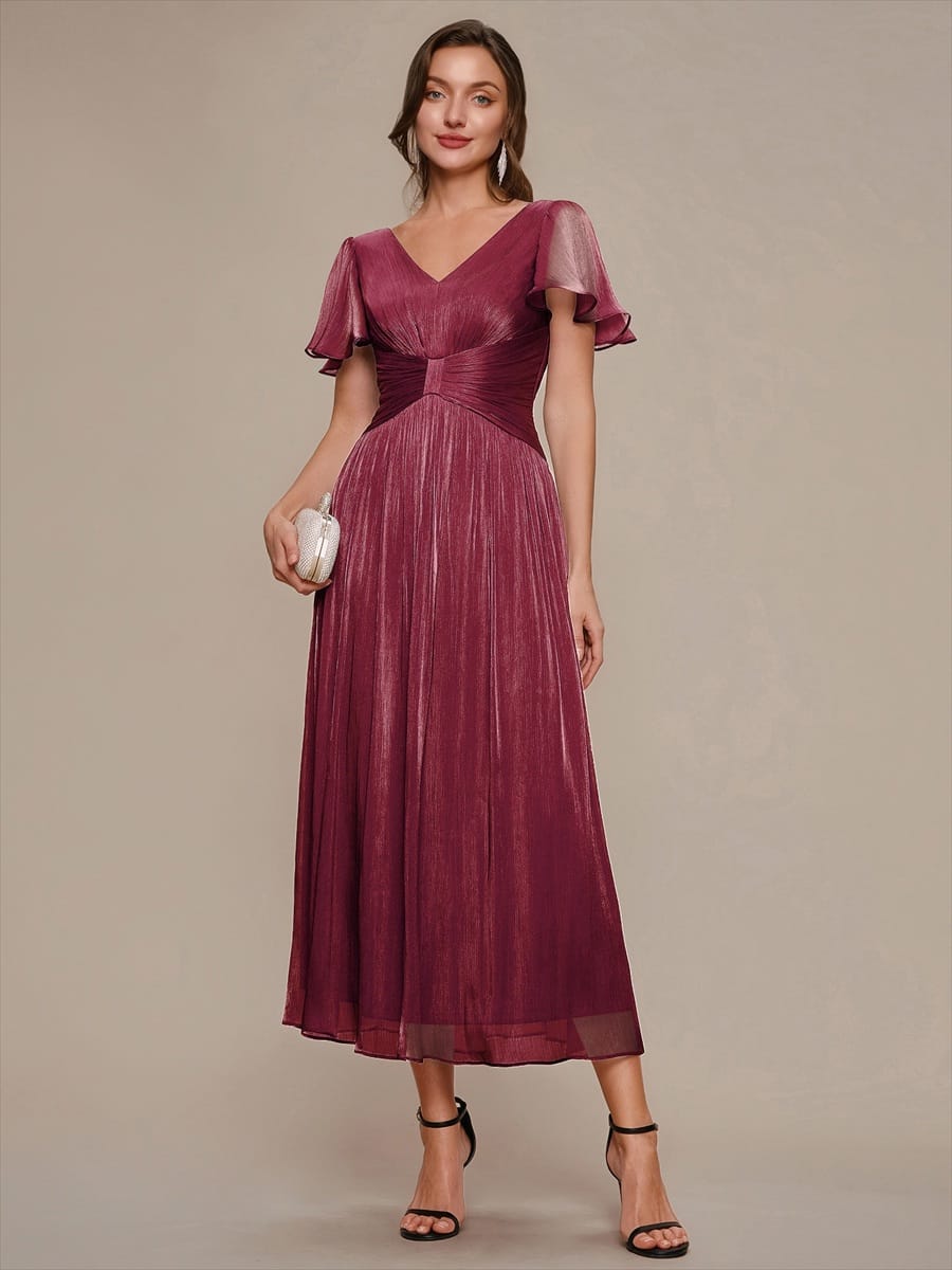 Gathered Sea-island Filament Fabircs Ruffle Sleeve Dress