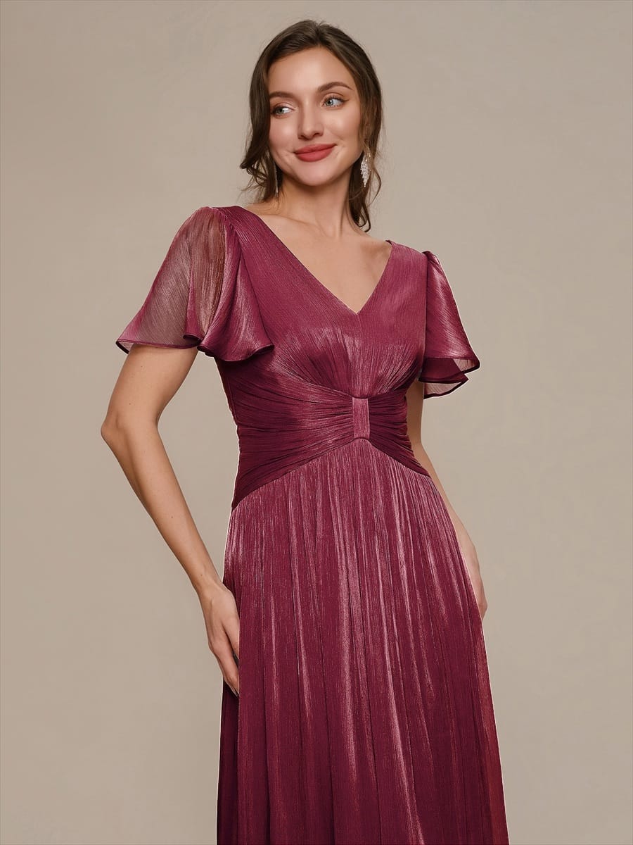 Gathered Sea-island Filament Fabircs Ruffle Sleeve Dress