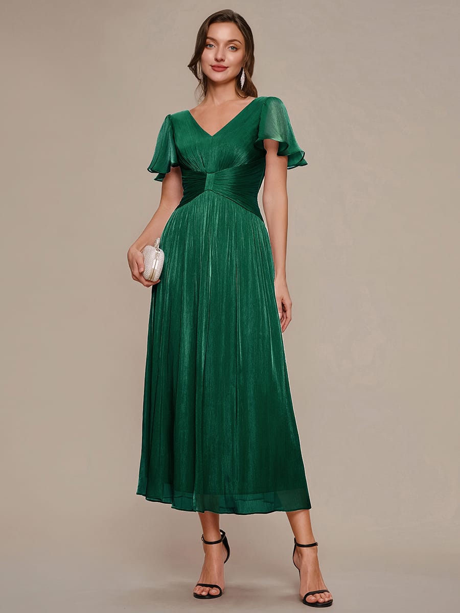 Gathered Sea-island Filament Fabircs Ruffle Sleeve Dress