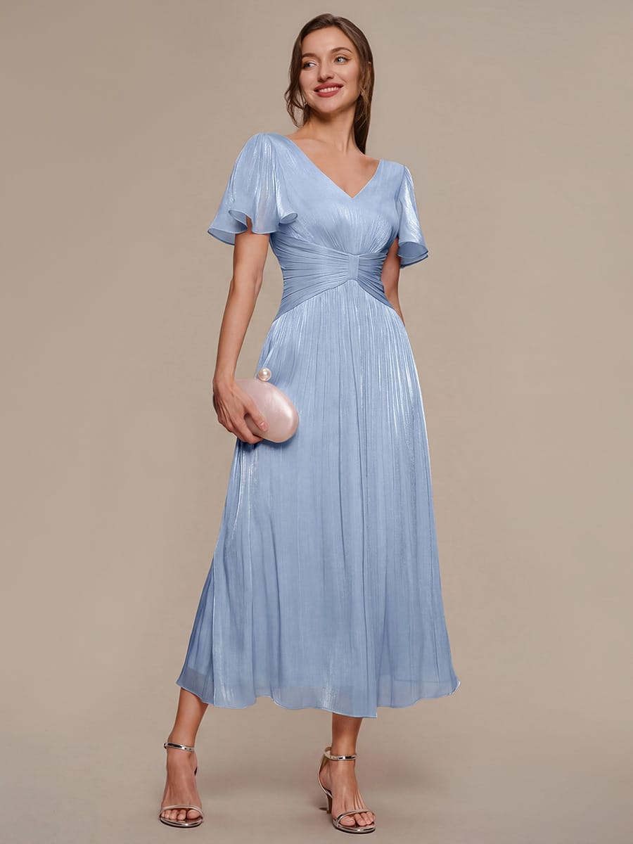 Gathered Sea-island Filament Fabircs Ruffle Sleeve Dress