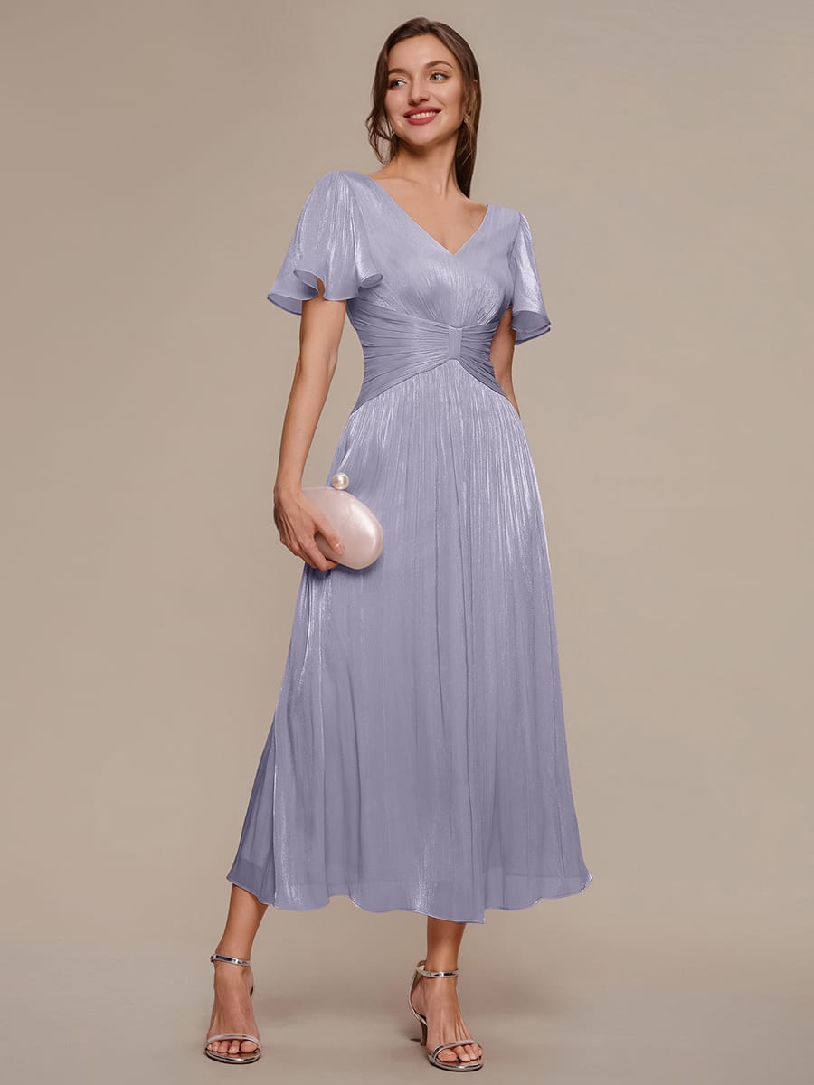Gathered Sea-island Filament Fabircs Ruffle Sleeve Dress