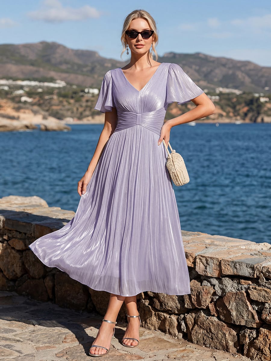 Gathered Sea-island Filament Fabircs Ruffle Sleeve Dress
