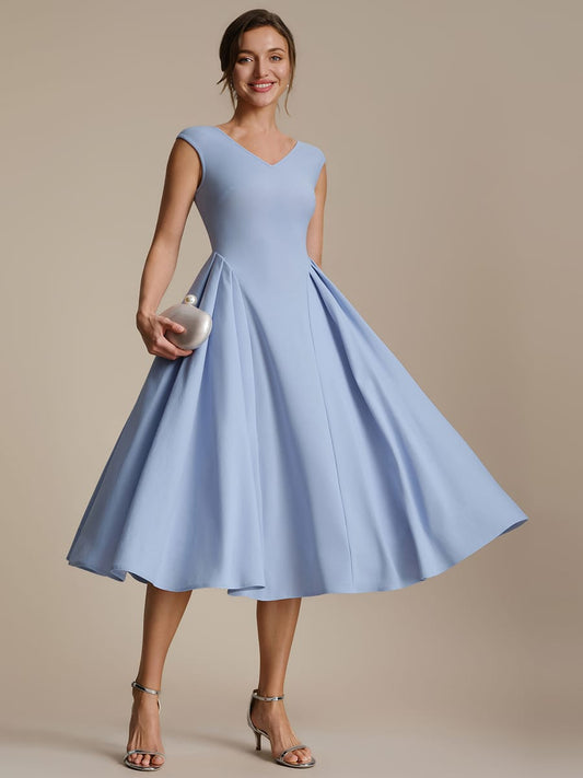 Pleated Crepe Cap Sleeve Dress