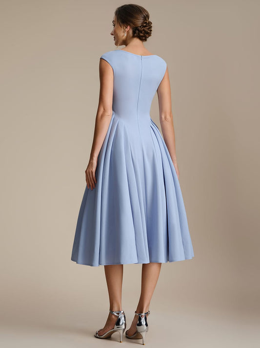 Pleated Crepe Cap Sleeve Dress